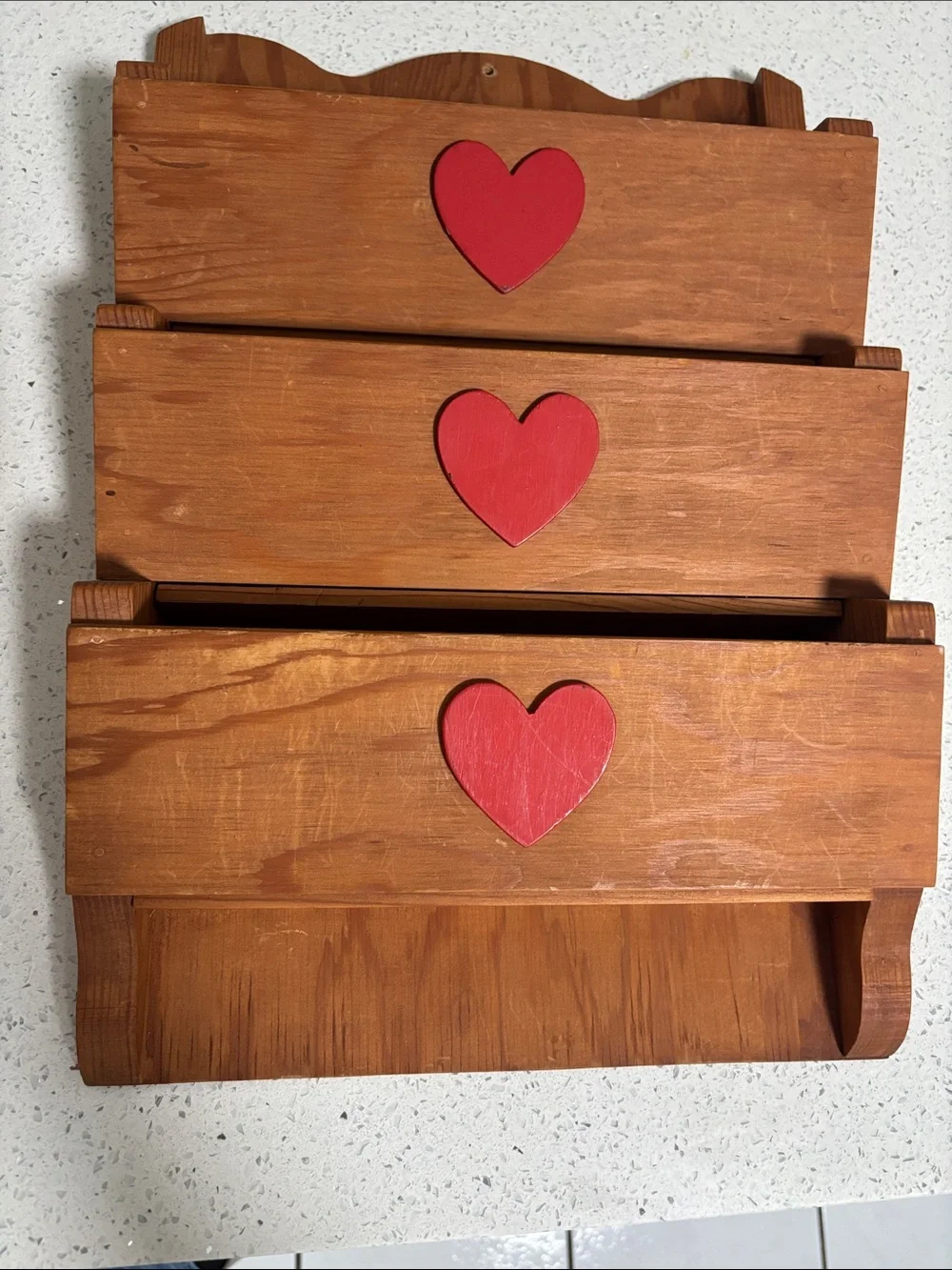 Vintage Wooden 3-Tier Letter Holder Mail Organizer with Red Heart Accents